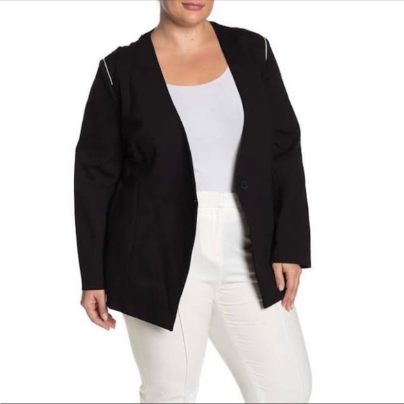 Amanda & Chelsea Black One Button White Piped Ponte Knit Blazer Jacket - Picture 3 of 7